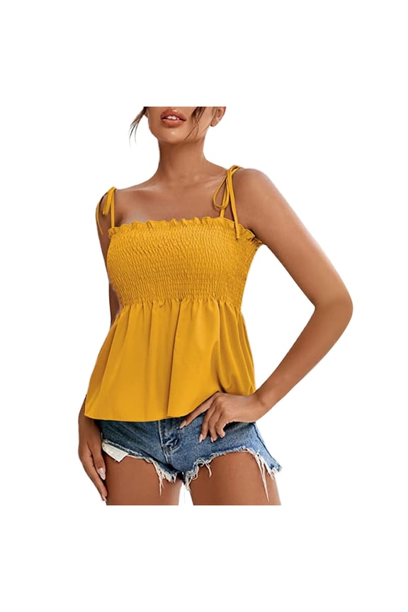 Summer Tops for Women Square Neck Spaghetti Strap Sleeveless Smocked Ruffle Pleated Casual Boho Vacation Beach Loose Crop Tank Top, Yellow XL