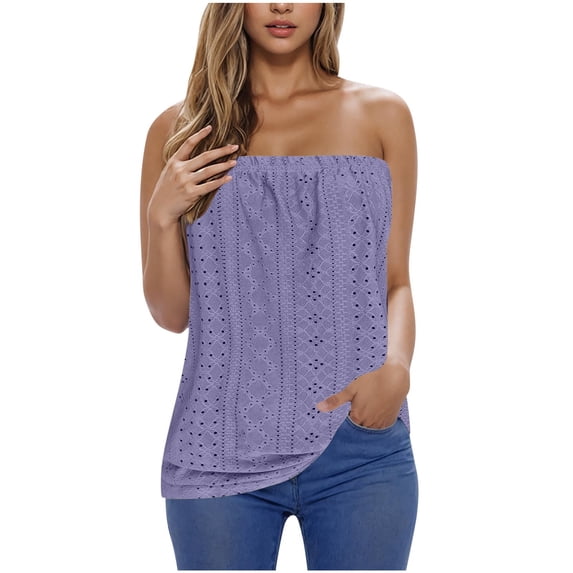 Staron Summer Tops for Women Strapless Bandeau Tank Casual Sleeveless Tube Shirt Blouse Solid Color Fashion, Purple M