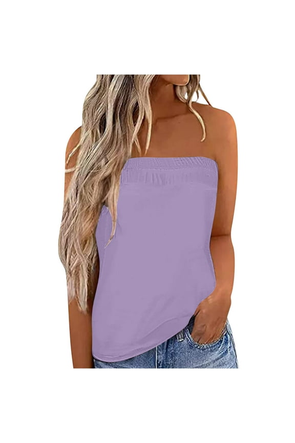Summer Tops for Women Strapless Bandeau Tank Top Off Shoulder Casual Holiday Blouse Solid Color Sleeveless Tube Top, Purple XXL