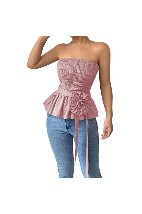 Summer Tops for Women Strapless Ruched Crop Blouse Solid Slim Fit Party Vacation Beach Night Out Fashion Trendy French Top, Pink M