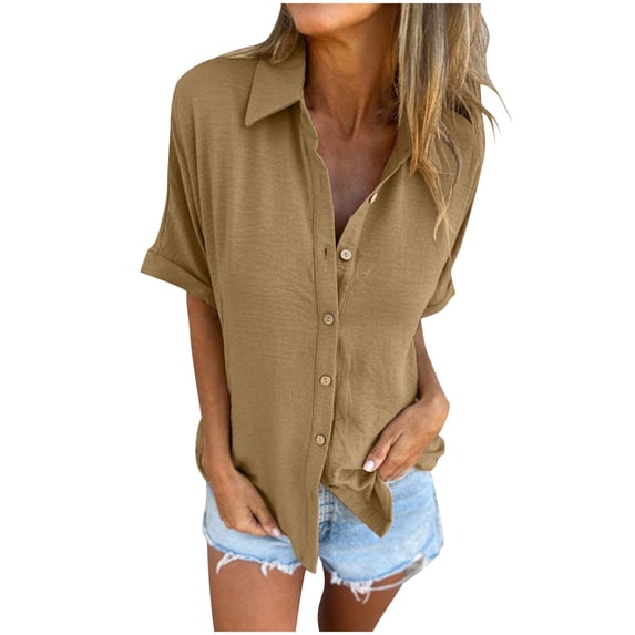 Staron Summer Tops for Women V Neck Button Down Short Sleeve Casual Blouse Shirt Cardigan Loose Fit Beach Vacation Travel, Coffee XXL