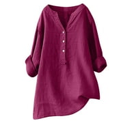 Staron Summer Tunic Top for Women V-Neck Long Sleeve Loose Casual Cotton Linen Blouse Button Down Plus Size Shirt, Hot Pink L