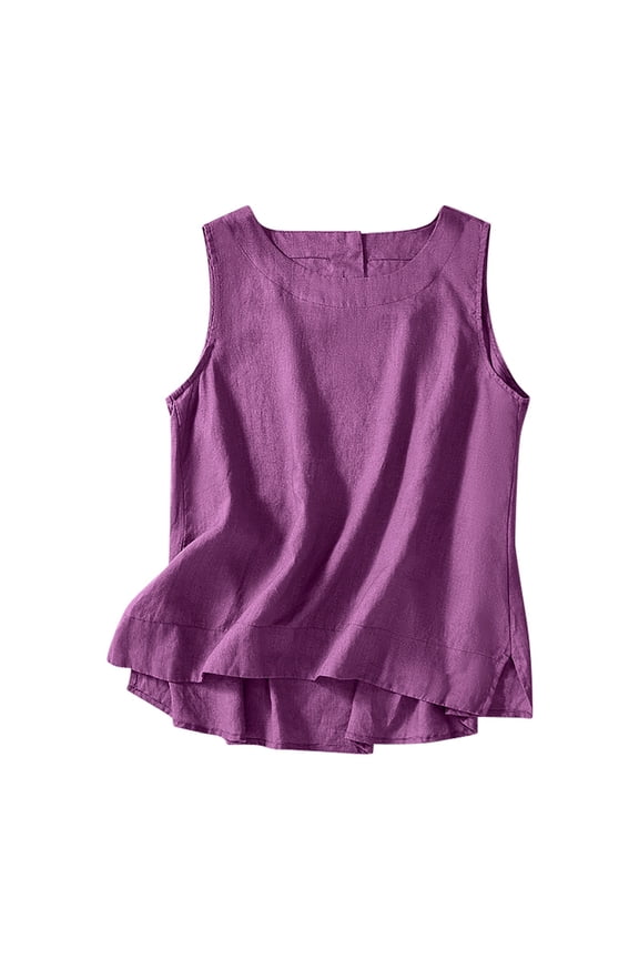 Summer Women's Linen Tank Top Casual Loose Sleeveless V-Neck Split Hem Blouse, Purple L