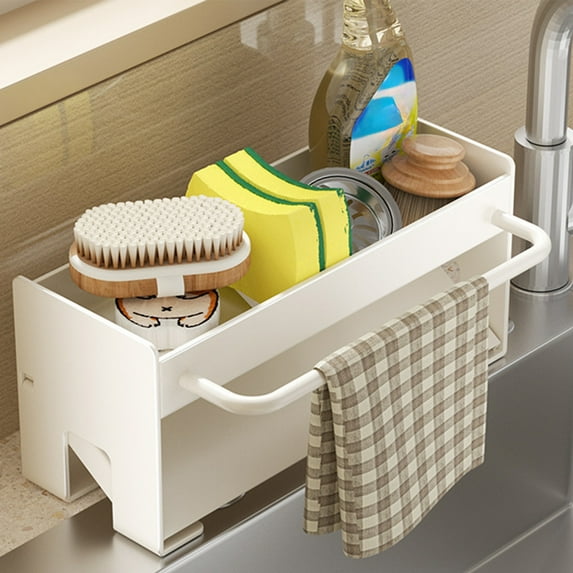 Staron White Sponge Holder for Kitchen Sink, Stainless Steel Sink Caddy Organizer Kitchen Countertop Organization and Storage