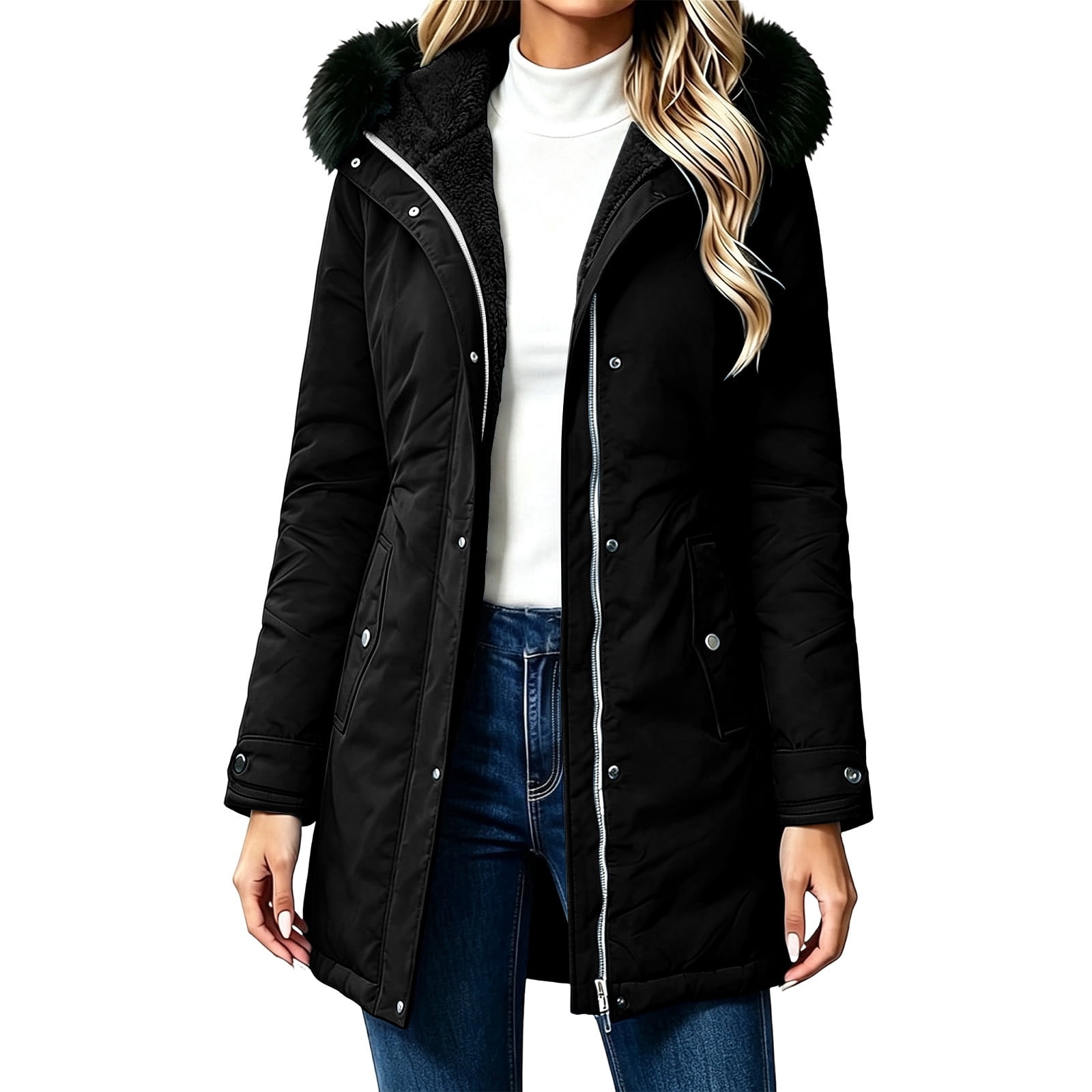 4212 Postcode Staron Winter Coats for Women Hooded Long Sleeve Zip Casual Slim Solid ...