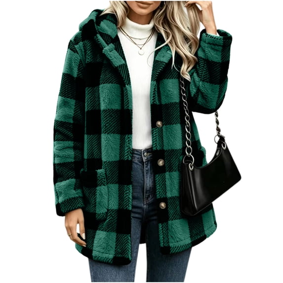 Staron Winter Coats for Women Hooded Plaid Casual Long Sleeve Warm Loose Oversized Jacket, Green XL