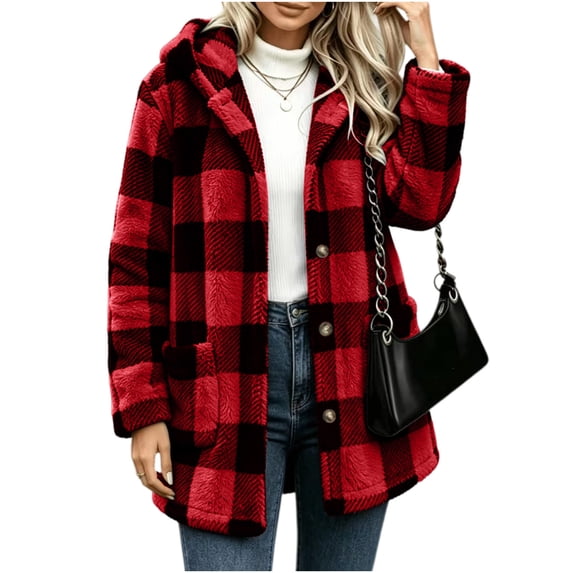 Staron Winter Coats for Women Hooded Plaid Casual Long Sleeve Warm Loose Oversized Jacket, Red XL
