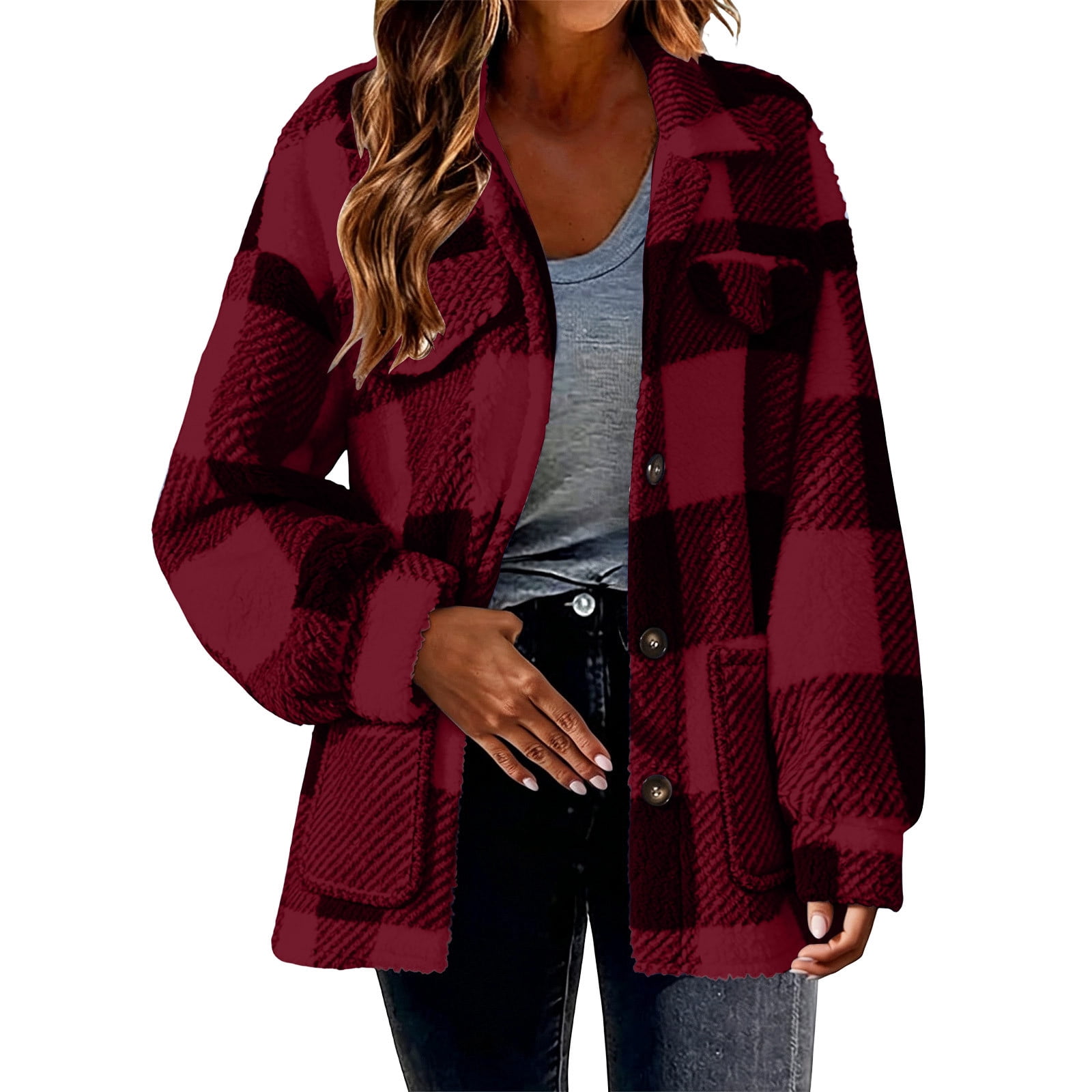 Staron Winter Jackets for Women Plaid Button Down Collared Long Sleeve ...