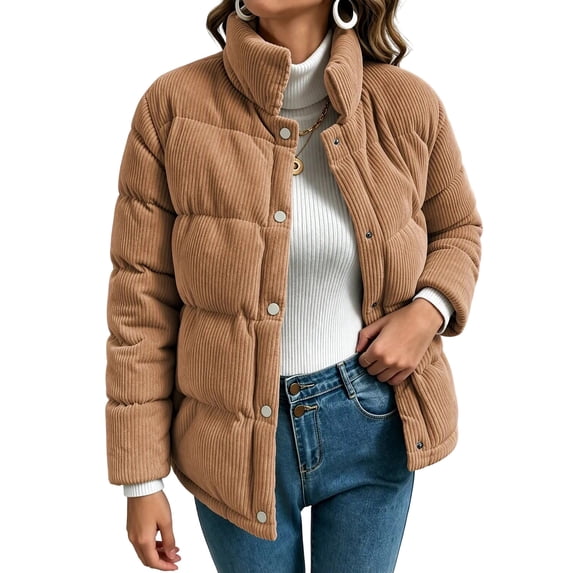 Staron Winter Jackets for Women Puffer Coat Corduroy High Neck Long Sleeve Button Down Casual Loose Warm Solid Outerwear, Khaki XL
