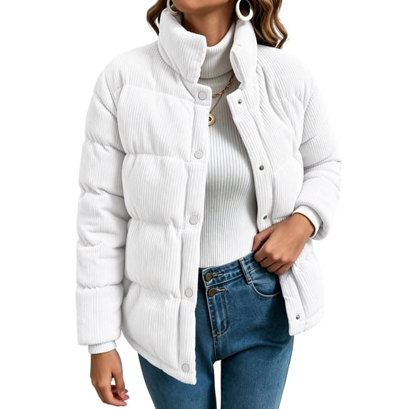 Staron Winter Jackets for Women Puffer Coat Corduroy High Neck Long Sleeve Button Down Casual Loose Warm Solid Outerwear, White XXL