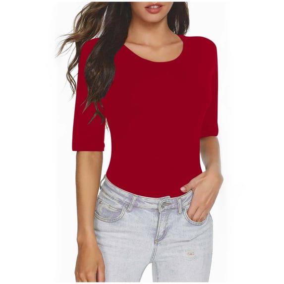 Staron Women Basic Round Neck 3/4 Sleeve Solid Casual Comfy Slim Tops Tshirt Soft Summer Fashion Top, Red S