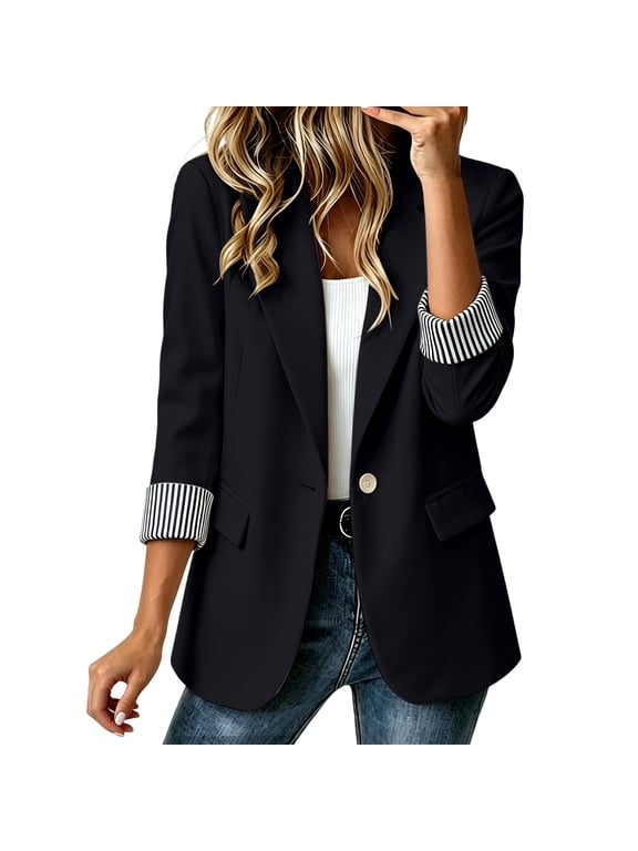 Women Blazer Notched Lapel Long Sleeve Button Down Casual Business Work Jacket Loose Fit Office Blazer, Black XL