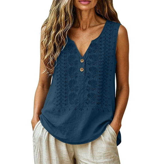 Staron Women Boho Embroidered Tank Top V Neck Sleeveless Button Down Casual Loose A-Line Beach Vacation Summer Tops, Navy L