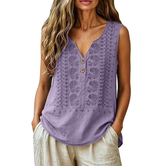 Staron Women Boho Embroidered Tank Top V Neck Sleeveless Button Down Casual Loose A-Line Beach Vacation Summer Tops, Purple M