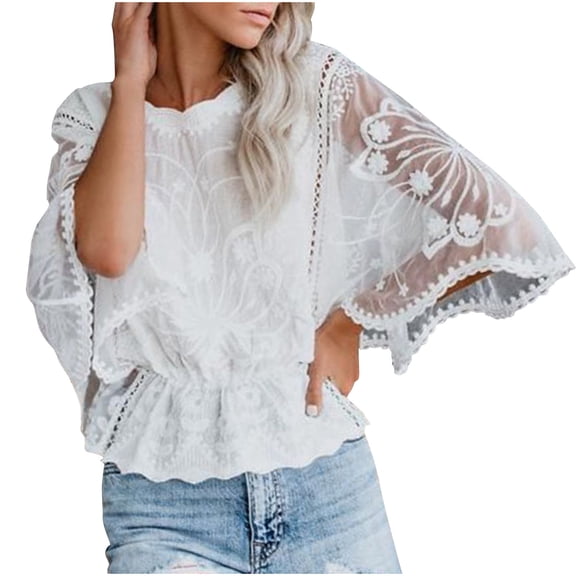 Staron Women Boho Tops Blouse Lace Embroidery Ruffle Sleeve Round Neck Short Sleeve Casual Loose Beach Vacation Summer Blouses, White M