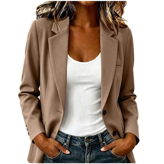 Staron Women Button Collared Long Sleeve Solid Casual Elegant Work Blazer Loose Plus Size Suit Jacket, Khaki M