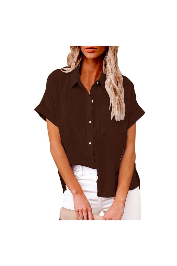 Women Button Down Shirts Casual Loose Blouse V Neck Short Sleeve Solid Cotton Linen Top Fashion Summer Beach Tunic, Brown L