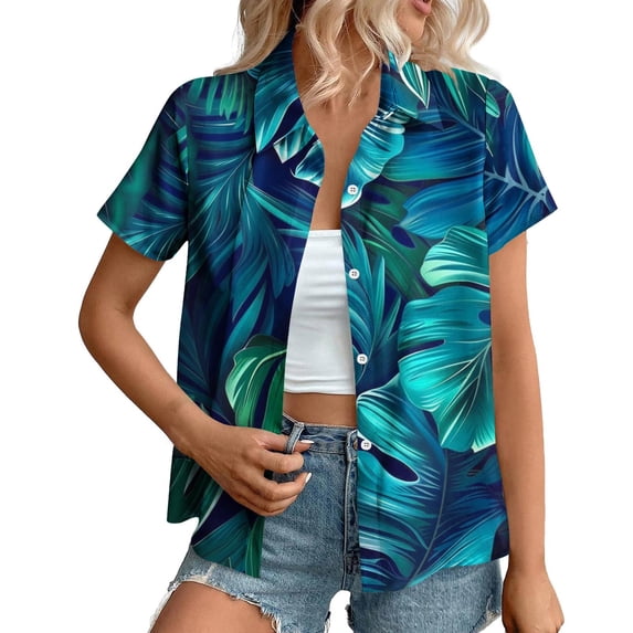 Staron Women Button Down Short Sleeve Tropical Print Casual Vacation Beach Loose Tops Shirt Hawaiian Print Button Up, S