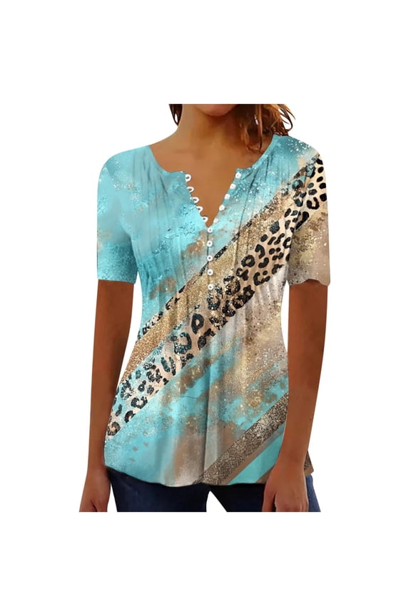 Women Button Down V Neck Short Sleeve Leopard Gradient Casual Fashion Vacation Beach Loose Tops Blouse, M