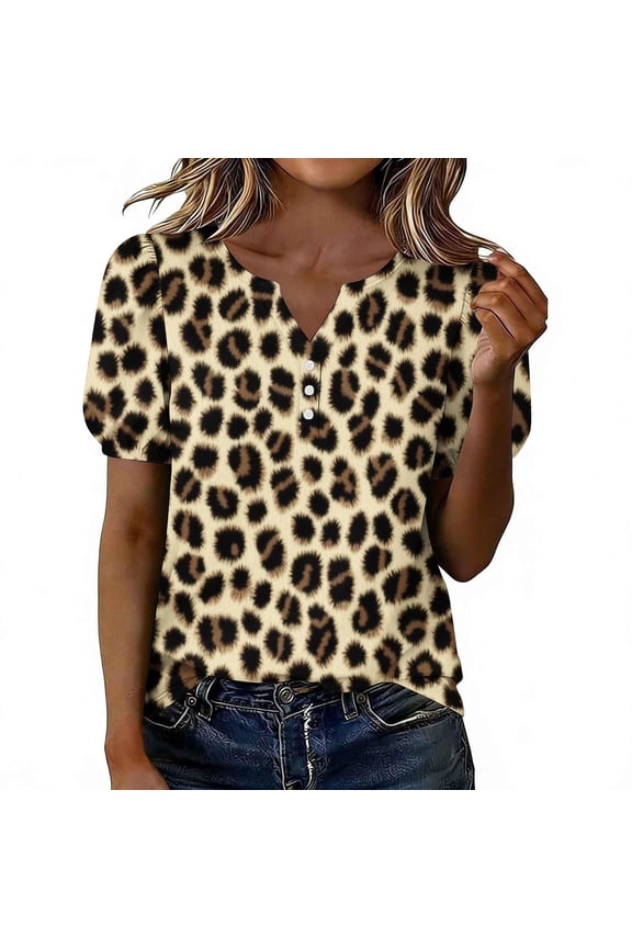 Women Button Down V Neck Short Sleeve Leopard Print Casual Fashion Vacation Beach Loose Tops Blouse, XL
