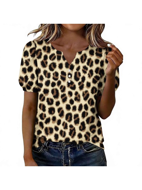 Women Button Down V Neck Short Sleeve Leopard Print Casual Fashion Vacation Beach Loose Tops Blouse, XL