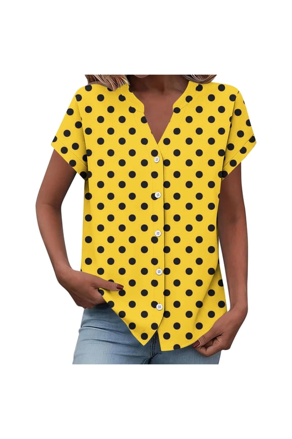 Women Button Down V Neck Short Sleeve Polka Dot Casual Fashion Vacation Beach Loose Tops Blouse, Yellow S