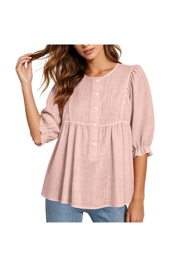Women Button Ruffle Puff Sleeve Curved Hem Flowy Round Neck 3/4 Sleeve Solid Casual Boho Vacation Beach Loose Blouse Tops, Pink XXL