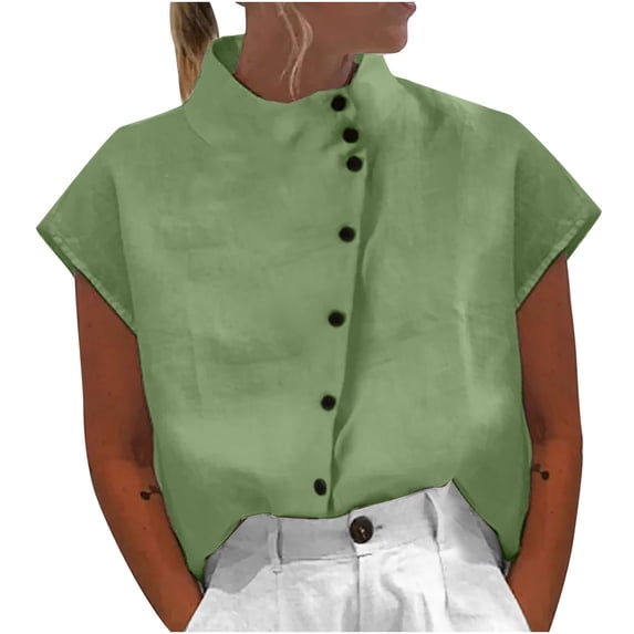 Staron Women Casual Button Down Collared Short Sleeve Cotton Linen Blouse Loose Fit Summer Fashion Tunic Top, Green XXL