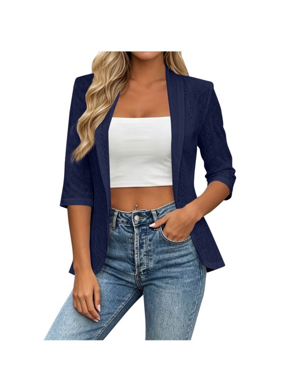 Women Casual Cardigan Tops Eyelet Lightweight Summer 3/4 Sleeve Open Front Loose Solid Cardigan, Navy XL