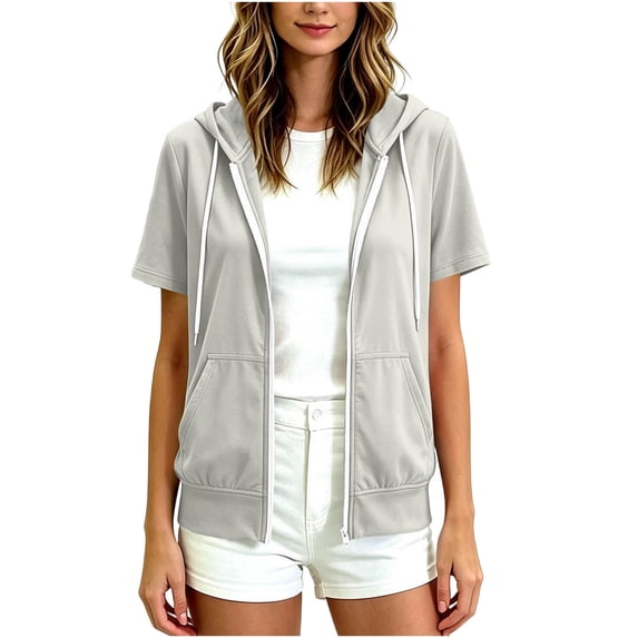 Staron Women Casual Hooded Zip Up Jacket Short Sleeve Slim Lightweight Solid Summer Workout Tops White L
