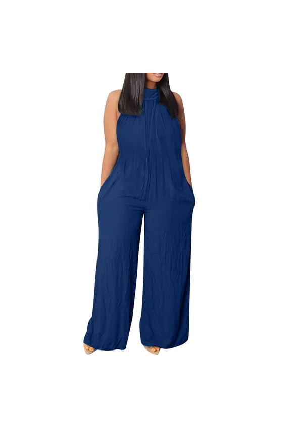 Women Casual Jumpsuits Solid Sleeveless Wide Leg Rompers Loose One-Piece Party Vacation Formal Attractive Jumpsuit, Navy M