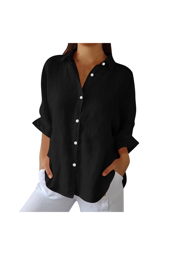 Women Casual Linen Shirt Solid Color Tie Back Blouse Loose Bubble Wrinkle Design Fashion Top, Black L