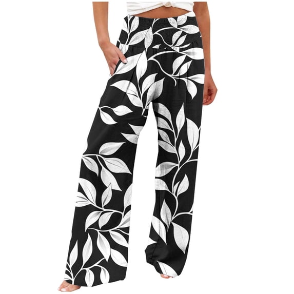 Staron Women Casual Loose Printed Pants with Pockets Elastic Waist High Waist Straight Leg Comfortable Relaxed Fashion Trousers, Black L