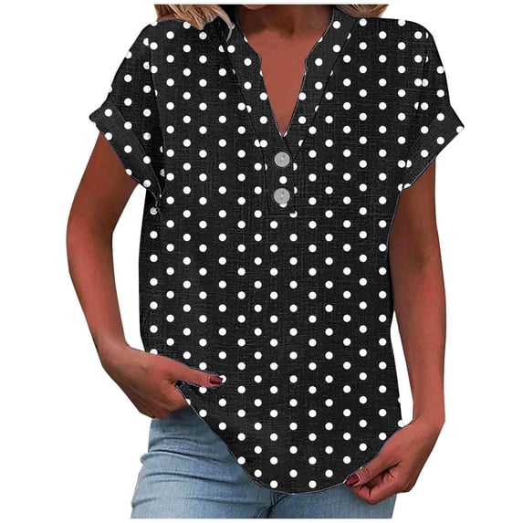 Staron Women Casual Polka Dot Print Short Sleeve Button Down V-Neck Blouse Tops, Black L