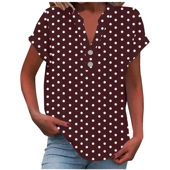 Staron Women Casual Polka Dot Print Short Sleeve Button Down V-Neck Blouse Tops, Red 3XL