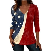 Staron Women Casual V-Neck Tops Blouse Asymmetric 3/4 Sleeve Graphic Print Loose Holiday Party T-Shirt, Red S