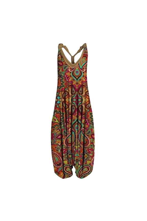 Women Casual Vintage Print Backless V-Neck Sleeveless Playsuit Jumpsuit with Pockets Loose Harem Romper, Brown S