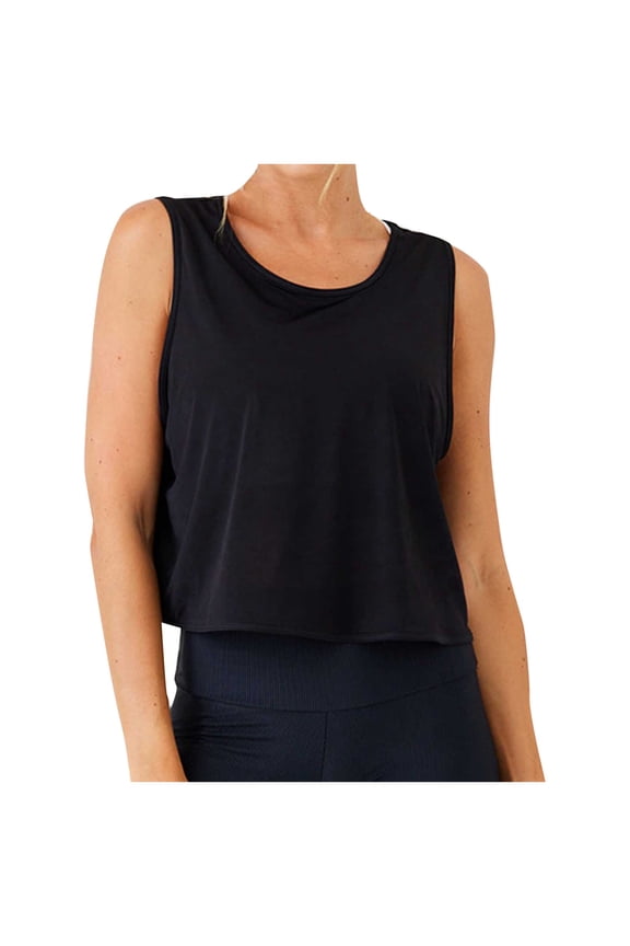 Women Casual Yoga Cover Up Shirt Hollow Out Round Neck Sleeveless Loose Fit Sports Top, Black S