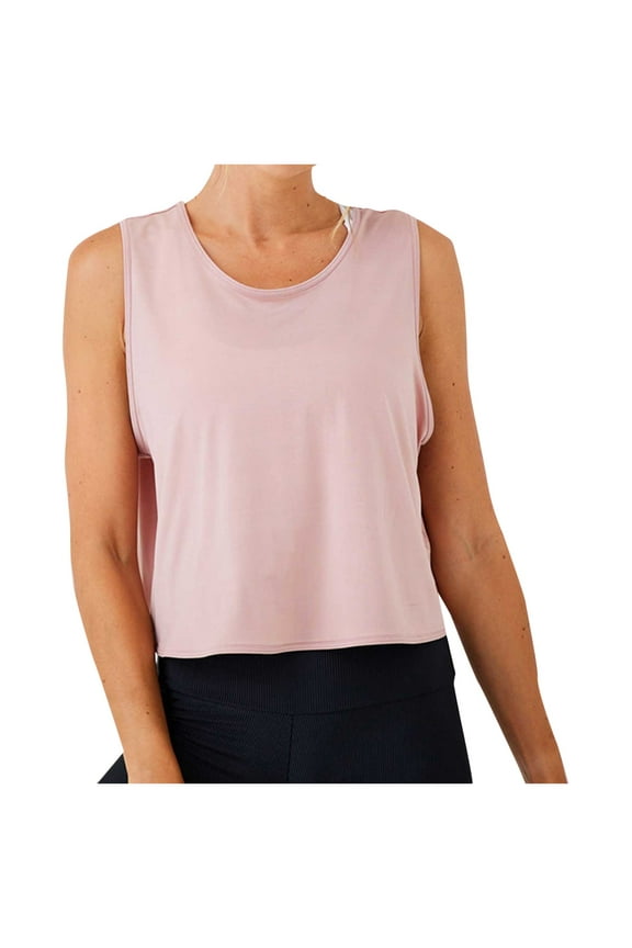 Women Casual Yoga Cover Up Shirt Hollow Out Round Neck Sleeveless Loose Fit Sports Top, Pink S