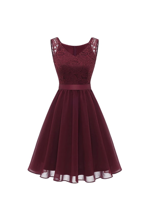 Women Cocktail Prom Ballgown Vintage Dress Lace V Neck Sleeveless Fitted Knee Length Evening Party Elegant Formal Gown, Wine XXL