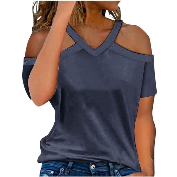 Staron Women Cold Shoulder V Neck Short Sleeve Casual Loose Beach Vacation Tops Summer Fashion Solid Color Tunic Tee, Navy S