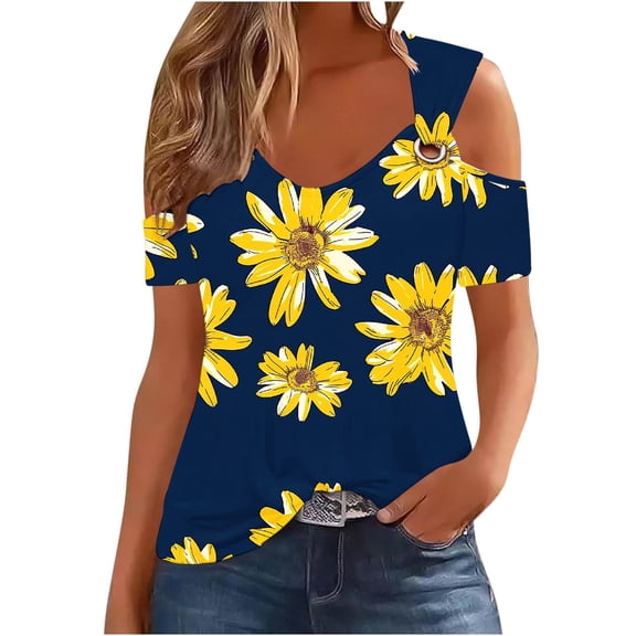 Staron Women Cold Shoulder V Neck Short Sleeve Printed Blouse Casual Boho Beach Vacation Slim Tops, Navy XXL