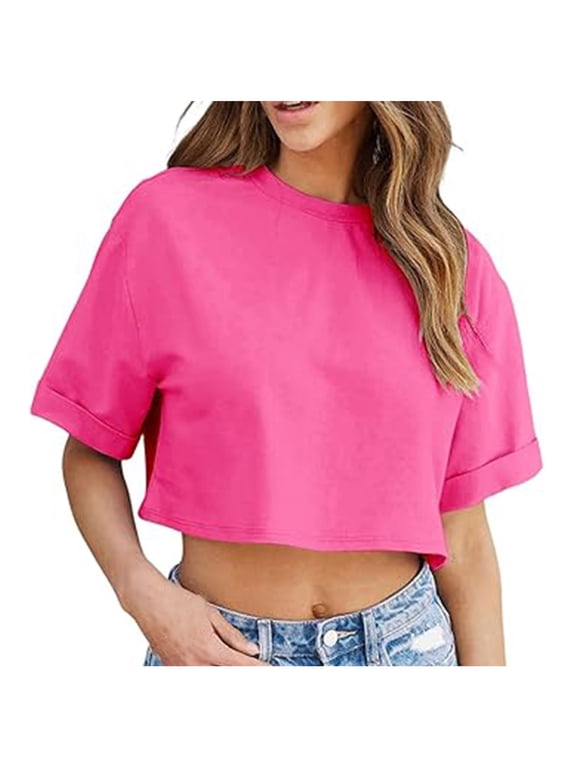 Women Crop Tops Round Neck Short Sleeve Solid Casual Fashion Trendy Comfy Vacation Beach Travel Loose Tshirt Blouse, Hot Pink XL