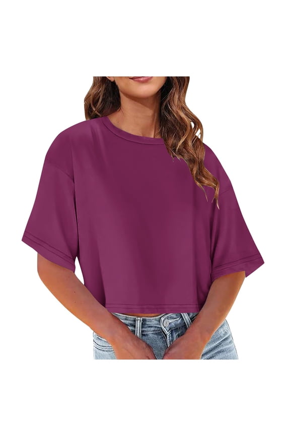Women Drop Shoulder Crop Tops Round Neck Short Sleeve Solid Casual Comfy Fashion Trendy Beach Vacation Travel Loose Blouse, Purple S