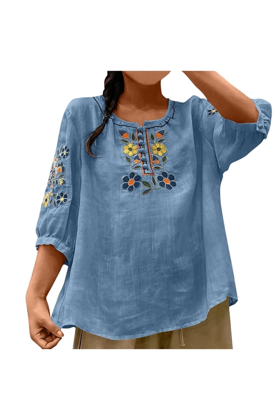 Women Embroidery Round Neck 3/4 Sleeve Floral Boho Casual Vacation Beach Loose Tops Blouse, Light Blue M