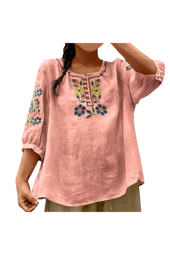 Women Embroidery Round Neck 3/4 Sleeve Floral Boho Casual Vacation Beach Loose Tops Blouse, Pink XL