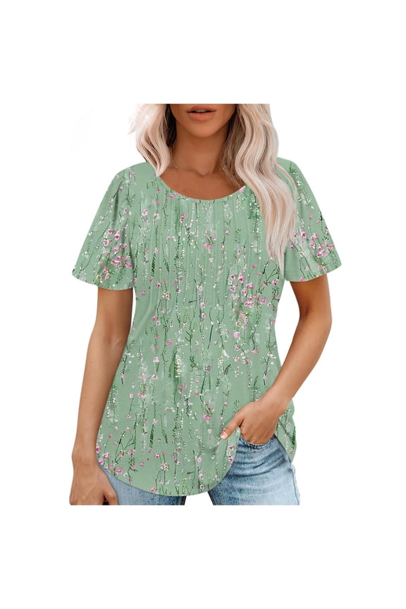 Women Flowy Curved Hem Round Neck Short Sleeve Floral Casual Boho Comfy Vacation Beach Loose Tops Tshirt Blouse, Blue S