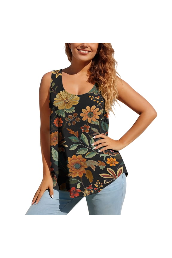 Women Flowy Curved Hem Round Neck Sleeveless Floral Boho Casual Vacation Beach Loose Tank Tops, XXL