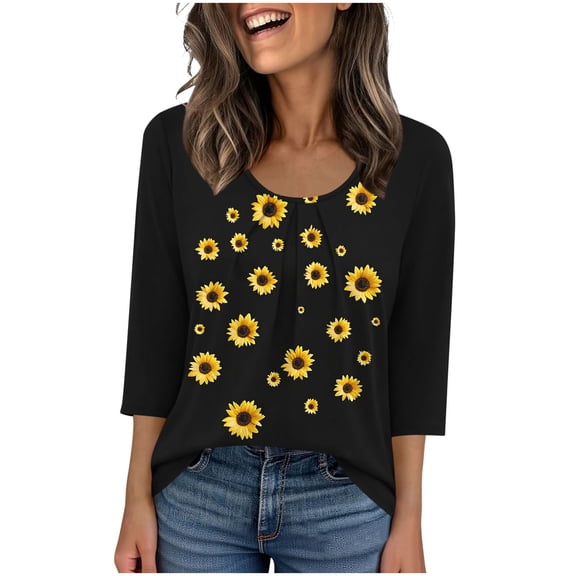Staron Women Flowy Round Neck 3/4 Sleeve Sunflower Casual Comfy Boho Vacation Beach Loose Printed Blouse Top, Yellow L