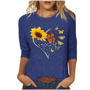 Staron Women Flowy Round Neck 3/4 Sleeve Sunflower Floral Casual Comfy Boho Vacation Travel Loose Tops Blouse, Navy M
